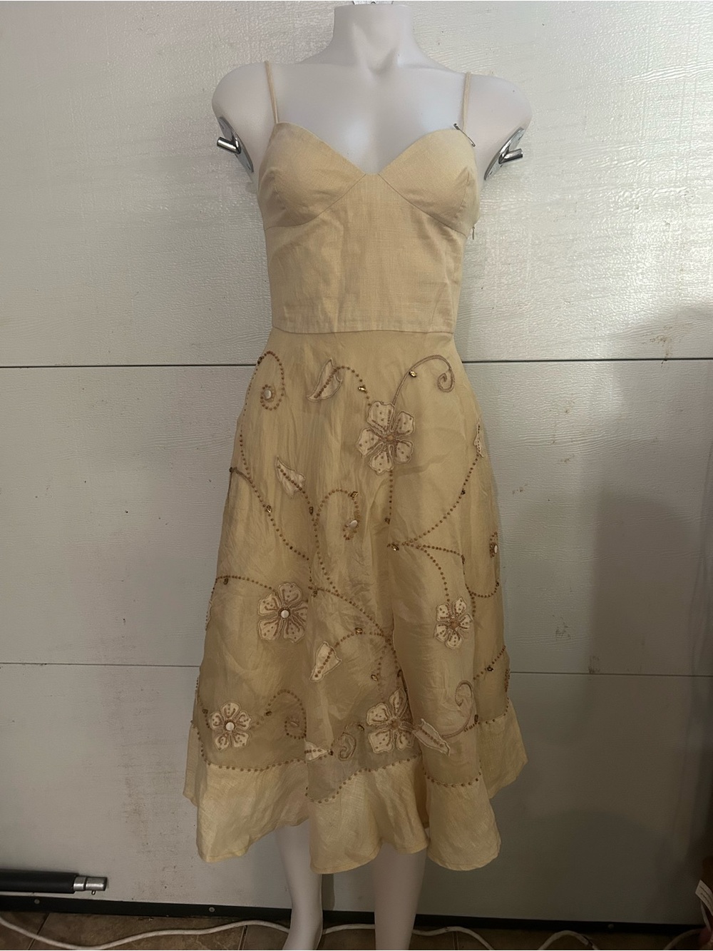 MaxMara Cream-Beige Embroidered Spaghetti-Strap Midi Dress